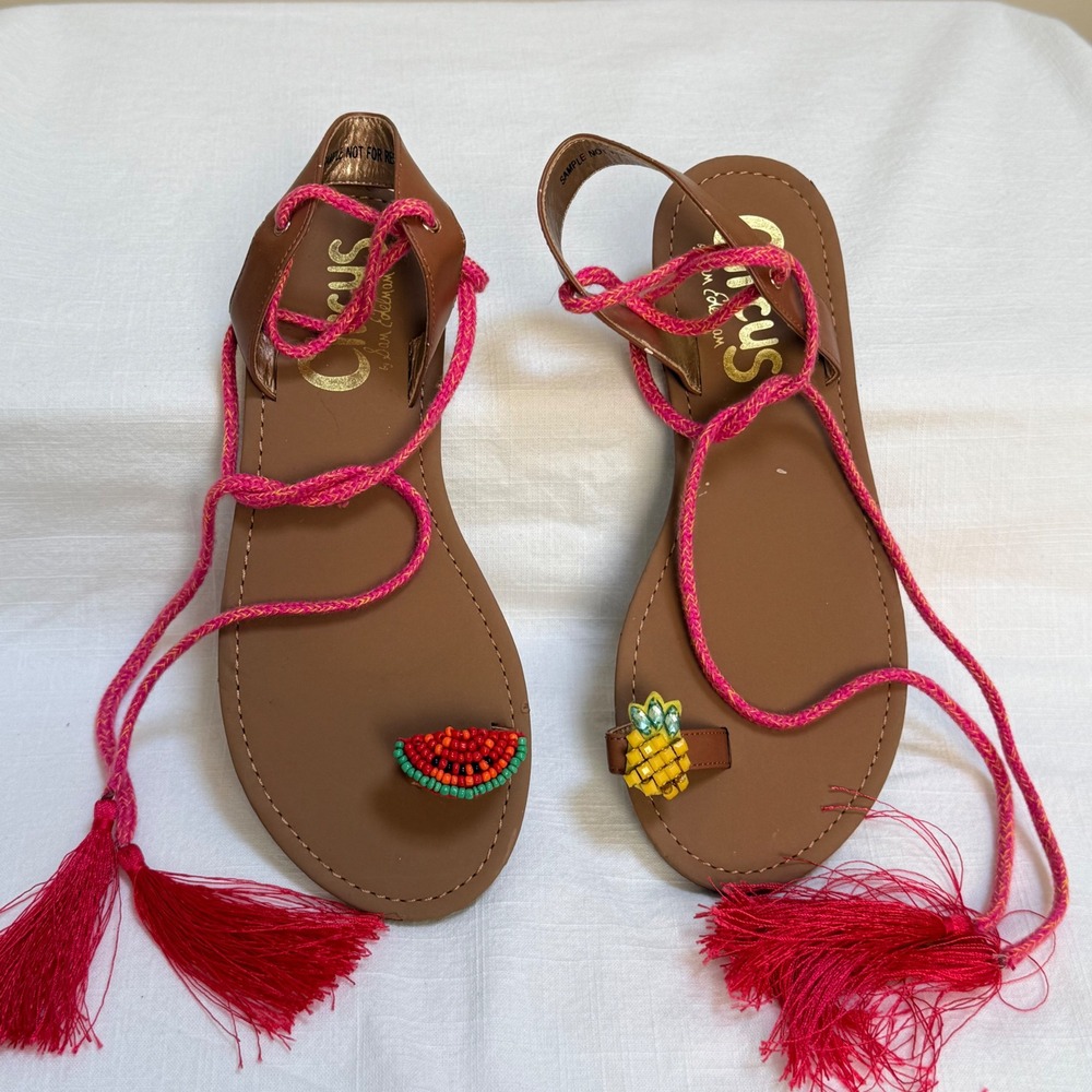 Circus by Sam Edelman Binx Sandals 6 Brown Pink Beaded Fruit Tassel Lace Up Flat